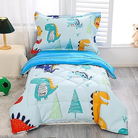 Wowelife 4 Pieces Toddler Bedding Sets for Boys Blue Toddler Bed Sheets Sets Kids Dino Toddler Comforter Set Soft Breathable with Quilted Comforter, Flat Sheet, Fitted Sheet and Pillowcase, Dinosaur Cover