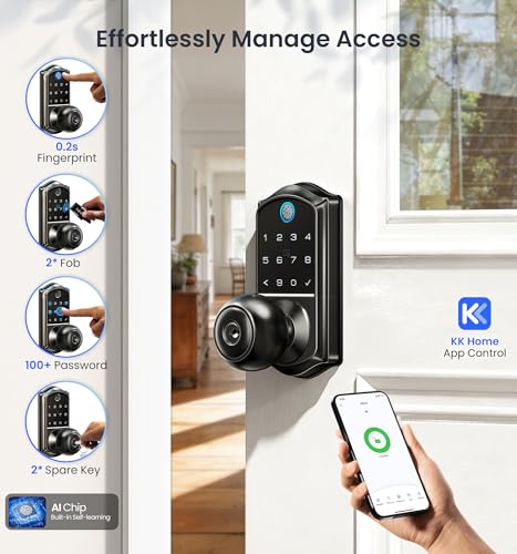 Image of Veise VE018 Smart Knob Handle Lock - Fingerprint, App Control, Keyless Entry for Front Door and Bedroom, Electronic Digital Keypad, Auto Lock, Remote Access Sharing, Easy Installation, Matte Black