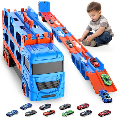 Pmueuff Camion Trasporto Giocattoli, Transporter Truck Macchinine Giocattoli per Ragazzi 3 4 5 Anni Camion Giocattolo...