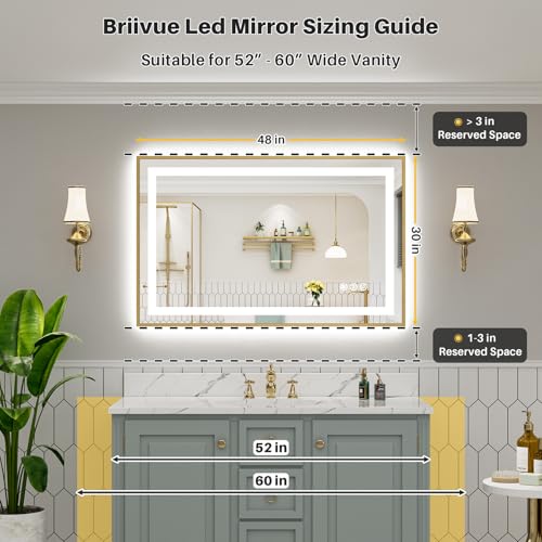 Image of 48x30 Inch LED Bathroom Mirror with Gold Frame, Backlit & Front Lit, Anti-Fog Lighted Bathroom Vanity Mirror for Wall, Memory Function, Dimmable, HD Tempered Glass, Shatter-Proof
