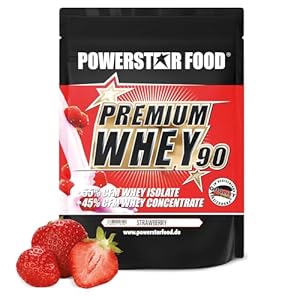 Powerstar PREMIUM WHEY 90 Protein Powder 850 g | 81% Eiwit | Wei-Eiwit-Poeder | Gemaakt in Duitsland | 55% CFM Wei-Isolaat & 45% CFM Concentraat | Eiwit-Poeder rijk aan EAA & BCAA | Strawberry