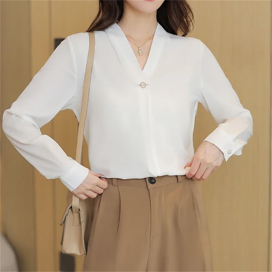 Camicia da donna in chiffon, con scollo a V, a maniche lunghe, stile vintage