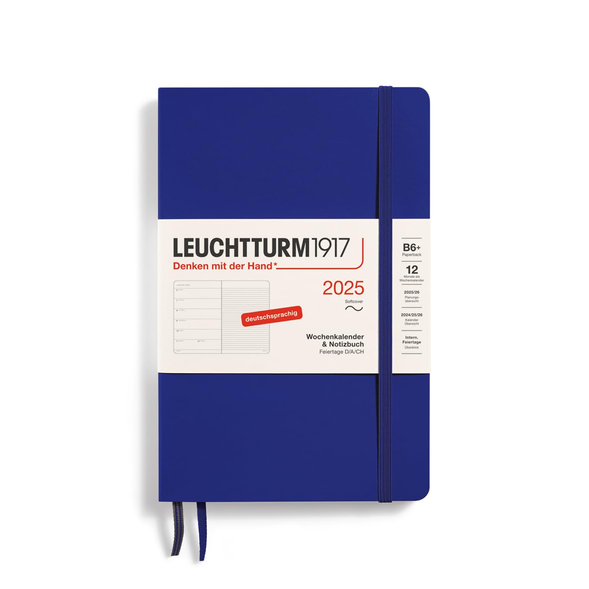 LEUCHTTURM1917 370526 Weekly Calendar & Notebook 2025, Paperback B6+ Softcover - 12-Month Planner, 80 g, Lined - Ink