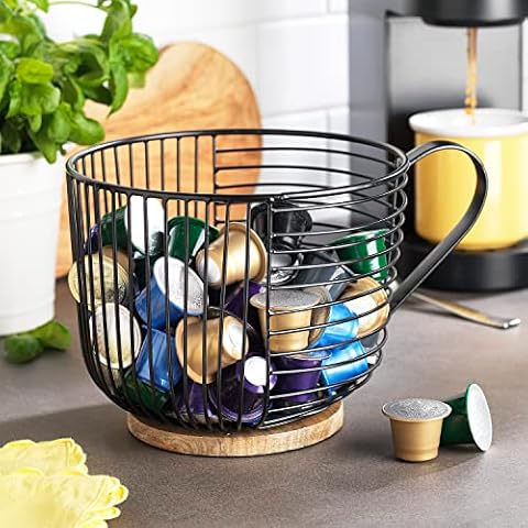 Coffee Pod Holder - Large Capacity Black Wire K Cup Storage with Wooden Base - Modern Coffee Basket Decor for Kitchen Countertop for Keurig Kcups & Espresso Capsules Cover
