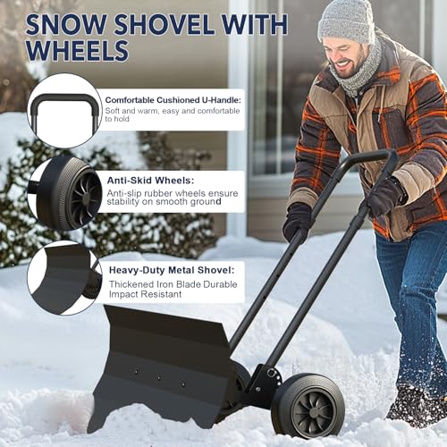29 Inch Heavy Duty Snow Shovel with Wheels, Ice and Snow Dual Use Snow Shovels for Driveway, Angle Adjustable Blade & Handle Snow Pusher Shovel, Efficient Snow Removal for Driveway, Pavement by Yozoia - Image 4