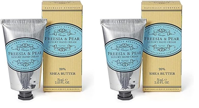 Naturally European Freesia & Pear - Crema de manos de lujo en caja, 20% manteca de karité, 2.5 fl oz, combate la piel seca de esas manos