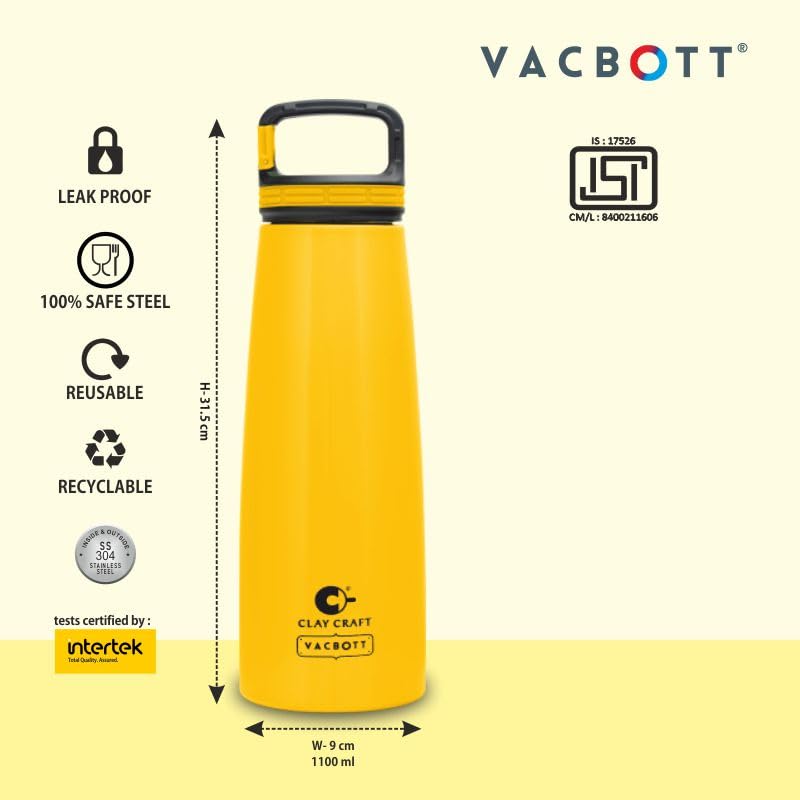 Image of CLAY CRAFT VACBOTT Harriet Swag Double Walled|18 Hours Hot and 24 Hours Cold Water Bottle Vacuum Insulated Flask|Thrmosteel Bottle|1000ML, Water Bottle|BPA-Free|BIS Certified|1Year Limited Warranty