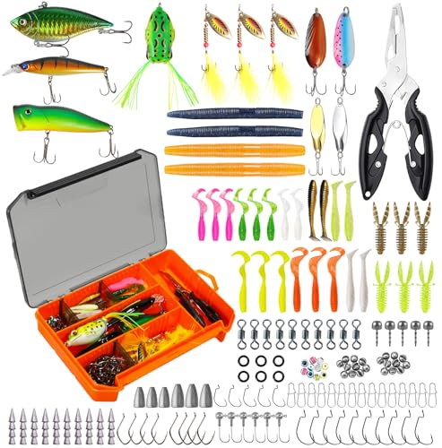 Fishing Lures Kit Fishing Tackle Box with Soft Bait, Crankbaits, Floats, Spoon, Hooks, Weights, Jig Heads for Bass, Trout, Freshwater Saltwater Fishing Lure Gift Set for Men Anglers (154 Pcs)
