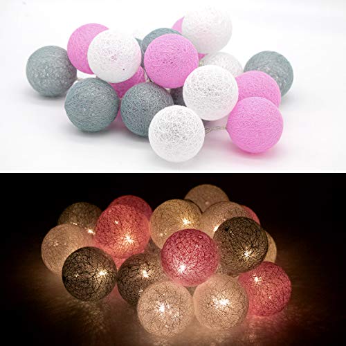 Tronje LED 20 Bolas de Algodón Luces 6cm 4h Temporizador 3,8m Guirnalda de luz Rosa-Gris funciona con Pilas
