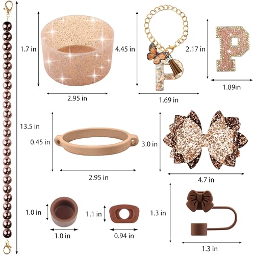 Hpebl 9PCS Brown for Stanley Cup Accessories Set Bling Initials Bow Charms for Stanley Decorations 30/40 Oz Tumbler Accessories Including Bow Straw Topper, Handle Strap, Spill Stopper（Letter P） - image 3