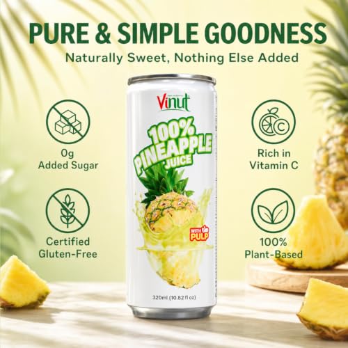 Image of VINUT 100% Pineapple Juice with Real Pulp, Vitamin C Rich, No Added Sugar, Not From Concentrate, Gluten Free & Non-GMO Drink, 100% Vegan /Plant-Based, 10.82 fl oz Cans (Pack of 6)