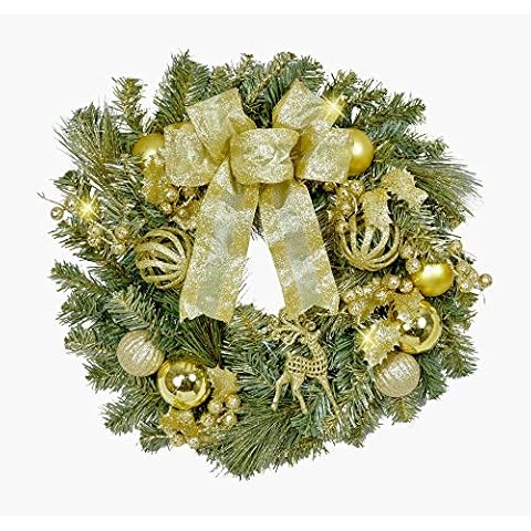 TenWaterloo 22 Inch Gold Glittered Christmas Front Door Wreath with Bow, Ornaments and Sparkling Accents, Artificial Floral Cover