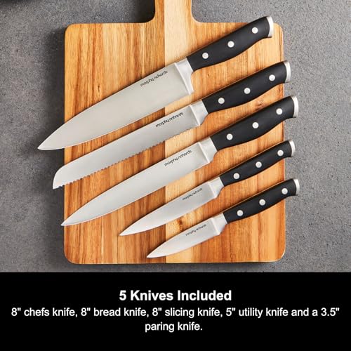 Morphy Richards 5-Piece Knife Block with Sharpener, Kitchen Set, Butt-Welded Design, Long Lasting Sharpness, Precision Cutting, Ergonomic, Acacian Wood, Paring, Ultilty Slicing, Bread, Chef, 868000 - Image 3