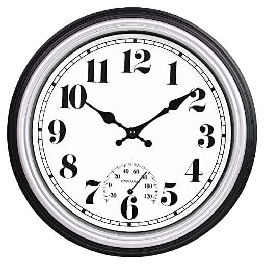 45Min 12 Inch Outdoor/Indoor Round Classic Clock Retro Quartz Decorative Wall Clock (Silver Fahrenheit)