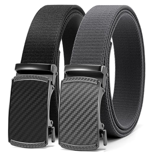 Image of Chaoren Leather Ratchet Belt 2 Pack Dress with Click Sliding Buckle 1 3 /8 inch in Gift Set Box - Adjustable Trim to Fit