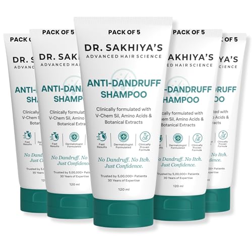 Image of Dr. Sakhiya's Anti-Dandruff Shampoo with V-Chem Sil & Amino Acids (120ml) - Dermatologist Formulated for Itchy Scalp Relief | Paraben-Free | Contains Botanical Extracts | For Men & Women (Pack of 5)