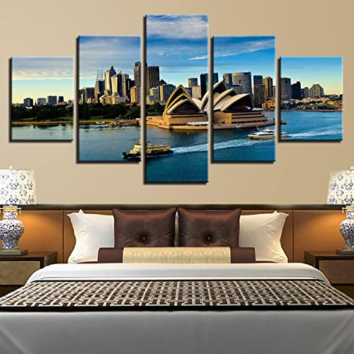 ZQSYFEWET Tableaux Abstraits Moderne Impression sur Toile Decoration Murale 5 Pieces Opéra de Sydney Tableaux Tableau Chambre Adulte Tableau Decoration Murale