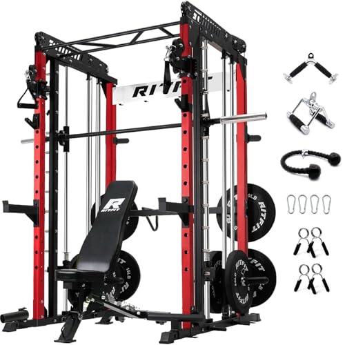 RitFit M1 Pro Smith Machine with Cable Crossover System, Multi-Function Squat Rack Power Cage for Home Gym, Power Rack and Packages (RED, M1（with BP260)