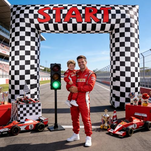 8 Ft Race Car Inflatable Arch Checkered Inflation Arch with LED Light Racing Cars Blow Up Archway Double-Sided Start Finish Line Archway for Race Theme Birthday Sport Party Yard Outdoor Lawn Decor