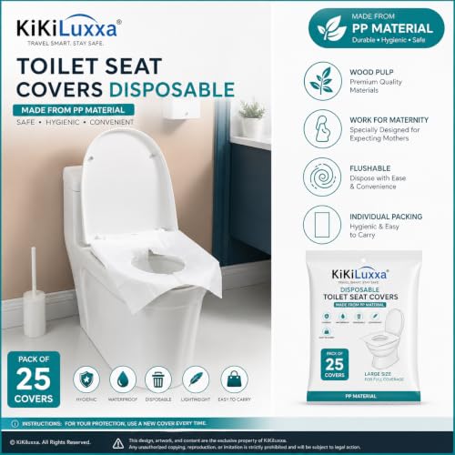Image of KiKiluxxa Disposable Toilet Seat Covers for Travel, Pack of 25, Individually Wrapped, Waterproof PP Material, Hygienic Portable Toilet Seat Covers for Women, Kids & Adults, Travel Essentials (PP25)