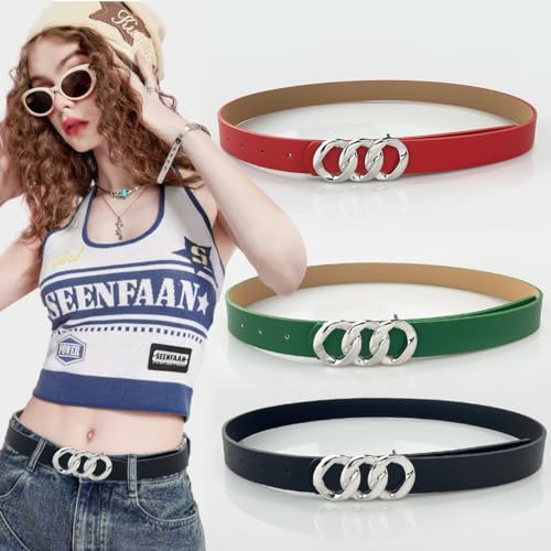 YOU&M 2 Pack Women's Faux Leather Thin Waist Belt with Large Chain Silver Buckle for Dress Jeans2