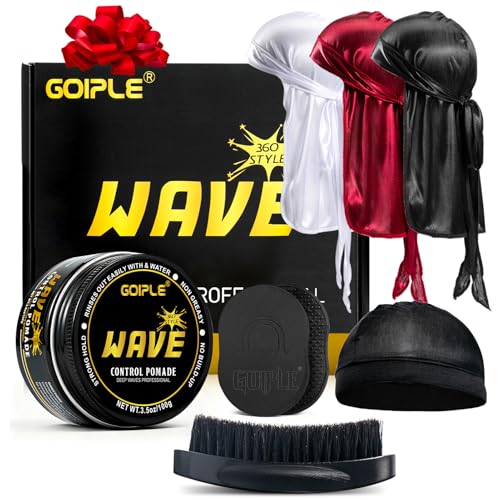 Goiple Wave Pomade for Men Strong Hold Easy Wash 360 Wave Training Hair Cream, Waves Grease for Men Promotes Layered Waves, Moisture, Control and Silky Shine Pomade Brushe Silky Durag Cap Set