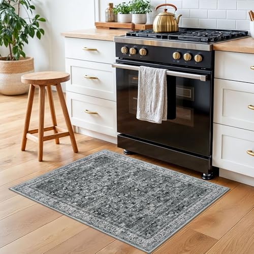 2x3 Washable Small Area Rug for Entryway, Moss Charcoal Soft Non-Slip Indoor Door Mat Distressed Floral Low-Pile Kitchen Rugs, Neutral Vintage Carpet for Entrance Bedside Farmhouse