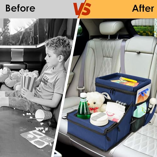 Image of Backseat Organizer for Kids & Adults - Car Seat Cooler Warmer with 2-in-1 Writing Tray, Cup Holders & 11 Storage Compartments | Road Trip Car Organizer for Front & Back Seat (Black) (Navy Blue)