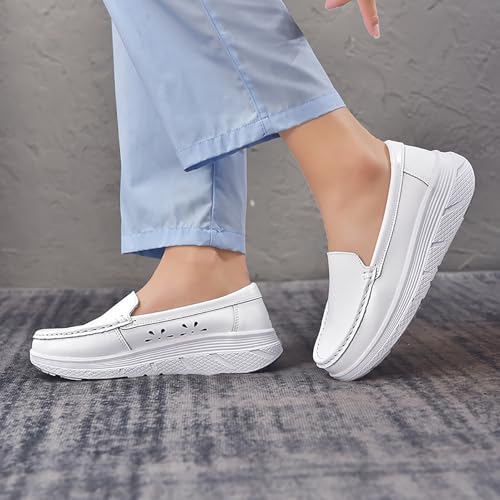 Image of Women's Platform Orthopedic Nurse Working Shoes,Comfortable Breathable Slip On Anti-Slip Nursing Restaurant Work Leather Walking Loafers