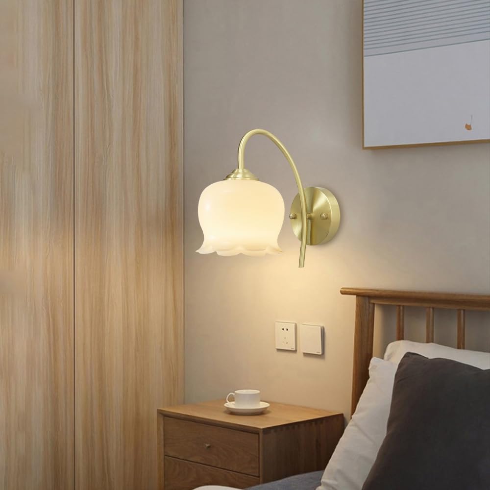 Applique da Parete in Stile Nordico, Lampada in Ottone con Supporto in Resina a Forma di Fiore, Applique Moderne con Cablaggio Fisso, luci per Soggiorno, lampade da Comodino per ca