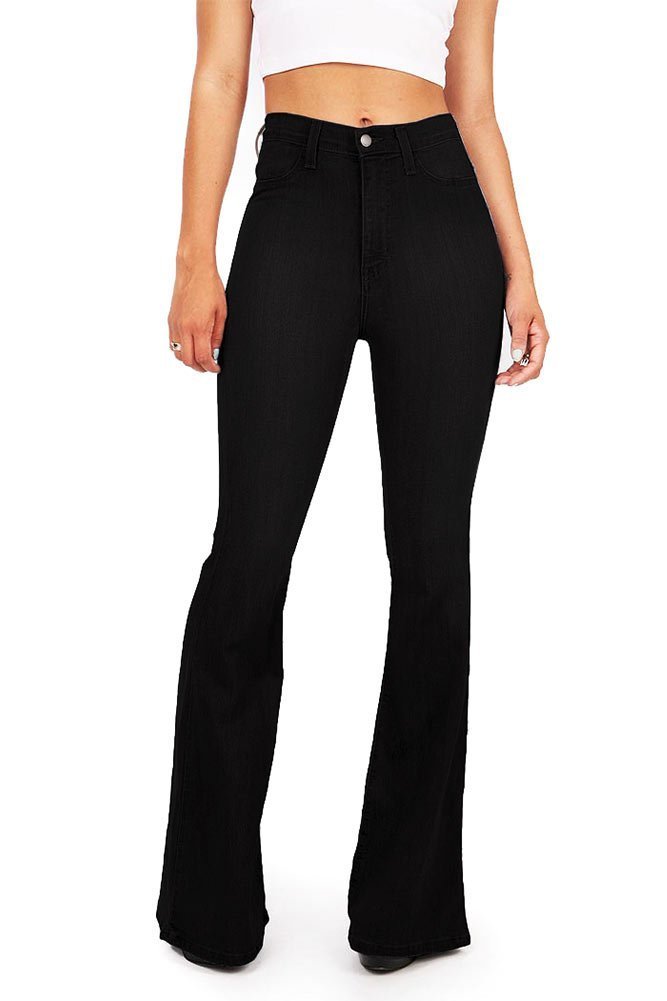 Women's Juniors Bell Bottom High Waist Fitted Denim Jeans - Vintage Wash, Stretchy Flare Pants