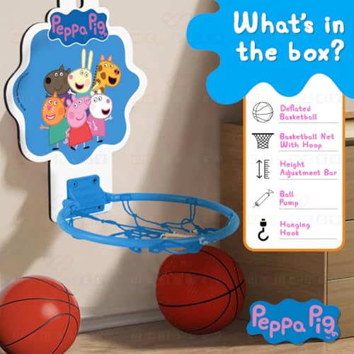 Image of Wembley Peppa Pig Basket Ball for Kids Boys Girls Basketball Set with Deflated Ball, Hoop, Hanging Board & Pump Indoor Outdoor Games Birthday Gift for Children - Friends