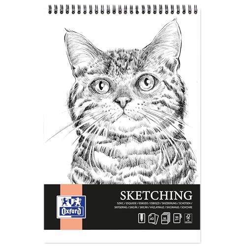 Oxford Artistic Cuaderno de bocetos A3 Gato, 50 hojas, bloc de dibujo con espiral, libro de bocetos, bloque de arte de 90 g/m² de papel libre de ácido, cuaderno de dibujo con contraportada estable