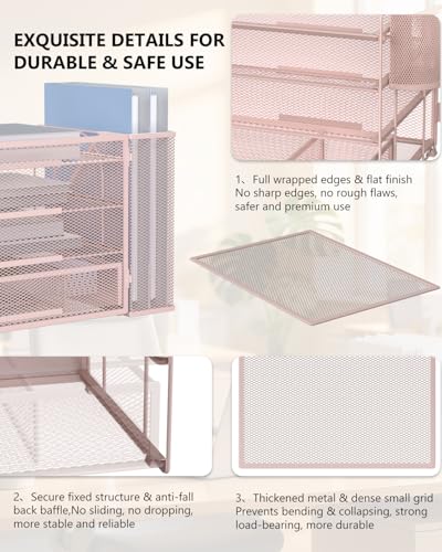 Image of WALI Desk File Organizer, 4 Tier Desktop Paper Letter Tray Organizer with Drawer and 2 Pen Holders, Office Desk Accessories & Workspace Organizers for Office, Home Supplies(DO005DH-P), 1 Pack, Pink