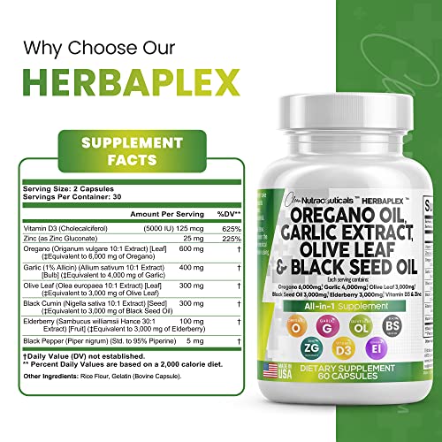 Oregano Oil 6000Mg Garlic Extract 4000Mg Olive Leaf 3000Mg Black Seed Oil 3000Mg - Immune Support & Digestive Health Supplement For Women And Men With Vitamin D3 And Zinc - Made In Usa 60 Caps #TOP2