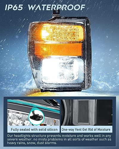 Image of Nilight Headlight Assembly Compatible with 2008 2009 2010 Ford F250 F350 F450 Super Duty Headlamps Replacement Black Housing Amber Reflector Clear Lens Driver and Passenger Side