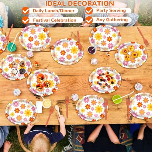 Image of Qyeahkj 50 PCS Summer Groovy Daisy Oval Paper Plates Large 11 inch Disposable Retro Daisy Party Decorations Hippie Boho Flower Supplies Favor for 60s 70s Birthday Baby Shower Wedding Party Tableware Set