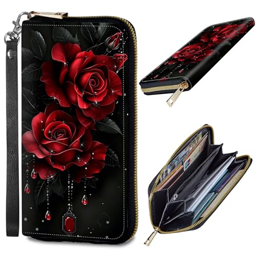 Womens Wallet, PU Leather RFID Cute Wristlet Wallets for Girls Women Ladies Purse Large Credit Card Clutch Purse Card Holder Coin Pocket Travel Wallets with Zipper, Red Roses