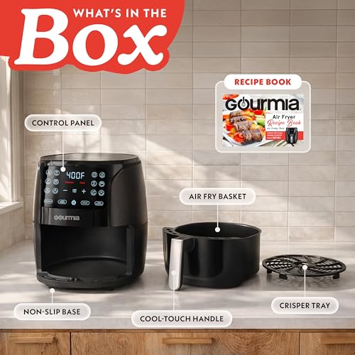 Image of Gourmia Air Fryer - 6 Qt Large Capacity, FryForce 360º, Digital Display with 12 Presets, Roast, Bake, Broil, Dehydrate, Dishwasher Safe Accessories, Black