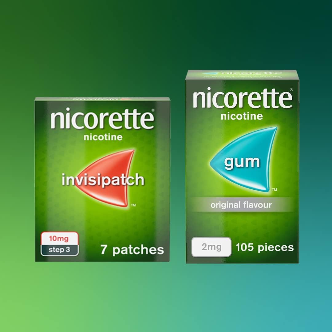 Bundle: 1x Nicorette InvisiPatch 10mg, Step 3, (7 Patches) & 1 x 2mg Gum (105 Pieces), Original Flavour, Nicotine Gum & Quit Smoking Aid, All Day Craving Relief