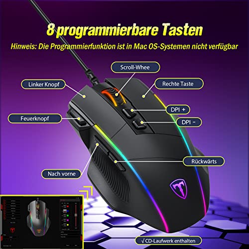 RGB Gaming Maus, ergonomische PC Maus mit Kabel, Chrom RGB Hintergrundbeleuchtung, 8000 DPI einstellbar, 8 programmierbare Tasten, Feuertaste, optische Computer Maus Gamer für Windows Mac (Schwarz) - Image 3