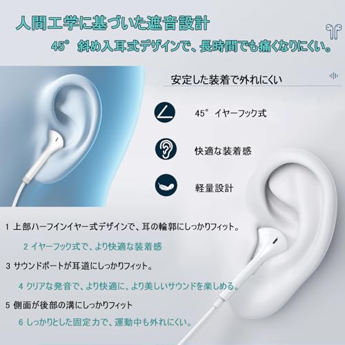 Grithope 有線イヤホン 3.5mmジャック【業界新傑作・正規品】 HIFI 重低音ハイレゾ ノイズキャンセリング マイク付き 内蔵音量調整 耳掛け式 長時間装着/快適フィット/遅延なし 耐久性/絡みにくいケーブル クリア通話 ステレオヘッドホン ゲーム/映画/通話/音楽/iPhone/Android/PC対応 収納バッグ付き（ホワイト）