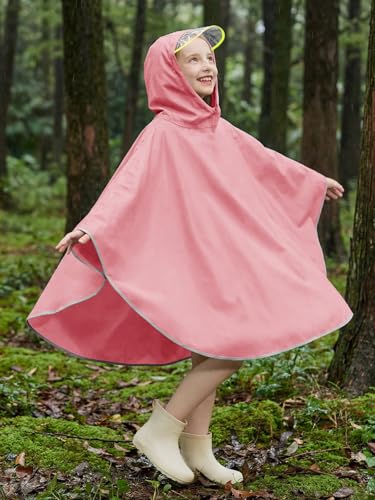Image of Haloumoning Kids Hooded Rain Poncho Girls Waterproof Lightweight Reusable Raincoat Jacket 4-14 Years