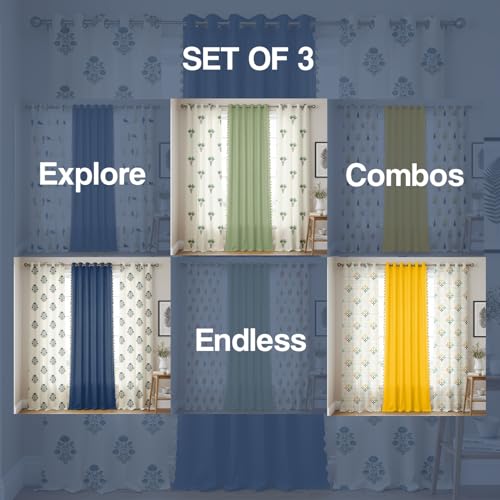 Image of Urban Space 100% Cotton Curtains for Door, Combo Set of 3 Curtains 8 feet Long, 60-65% Room Darkening Curtain, Tieback & Eyelets Included with Curtain for Home Decor (Liberty Blue, 8 Feet)