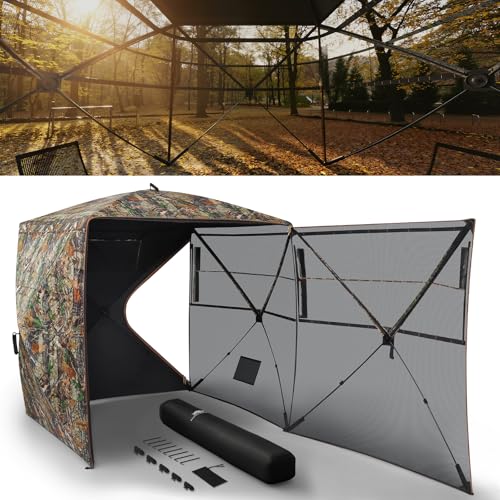 Rhino Valley Hunting Blind 270° See Through, 2-3 Person Pop Up Hunting Tent with Double Opening, Portable Resilient Ground Blinds with Silent Magnetic Door & Sliding Windows for Hunting
