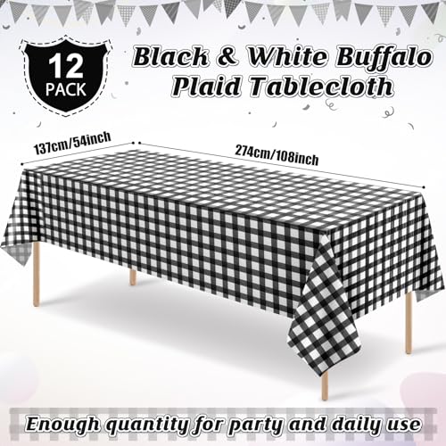 Image of 12Pack Black and White Plastic Checkered Tablecloth, Premium Decorative Disposable Black Gingham Plaid Tablecloths for Parties, Rectangle Party Table Cover for Picnic Farm Birthday Wedding, 54x108Inch