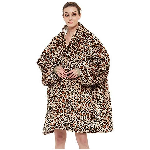 Sherpa Fluffle Blanket Sweatshirt,Super Soft Warm Comfortable Plush Blanket Hoodie Winter Reversible Hooded Robe Pullover with Large Front Pocket for Boys Girls,One Size Fits All 110*95cm (Leopard) Cover