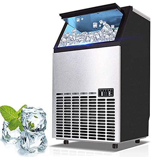 Ice Cube Maker Stainless Steel Commercial Ice Maker, 50 kg of Ice per 24 Hours, LED Display, Adjustable Thickness