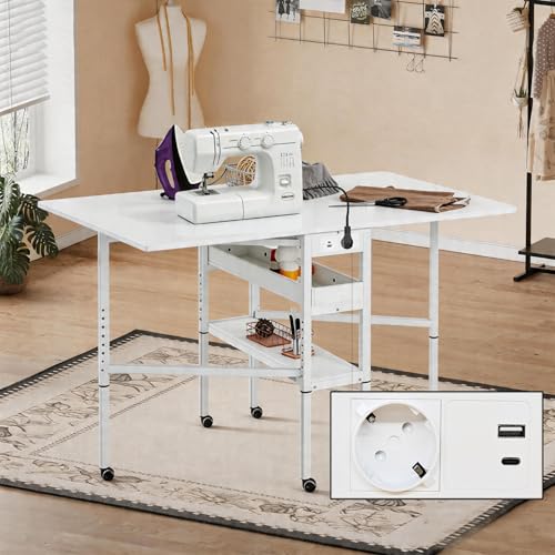 Table de Couture Pliante en Bois – Hauteur réglable – Table de Coupe Mobile avec Prise Intégrée – Table Pliante avec roulettes bloquables et Rangement – pour Atelier Couture, Salle créative, Bureau