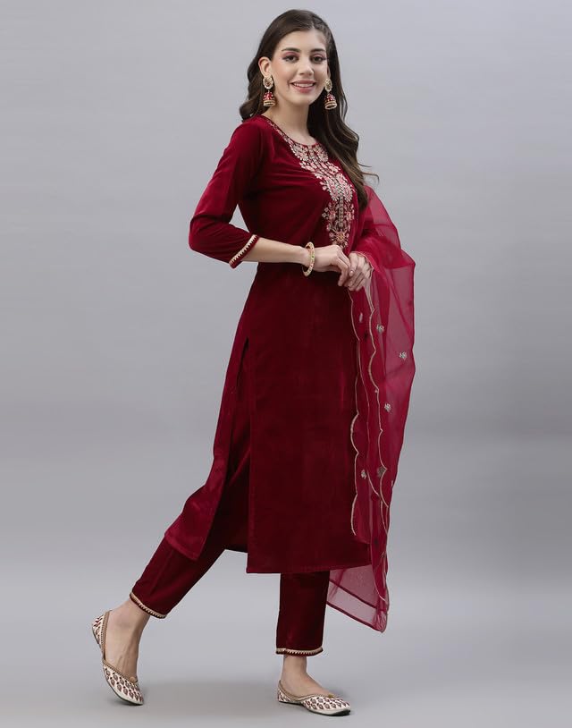 Image of SIRIL Women's Velvet Embroidery Straight Kurta Pant with Dupatta